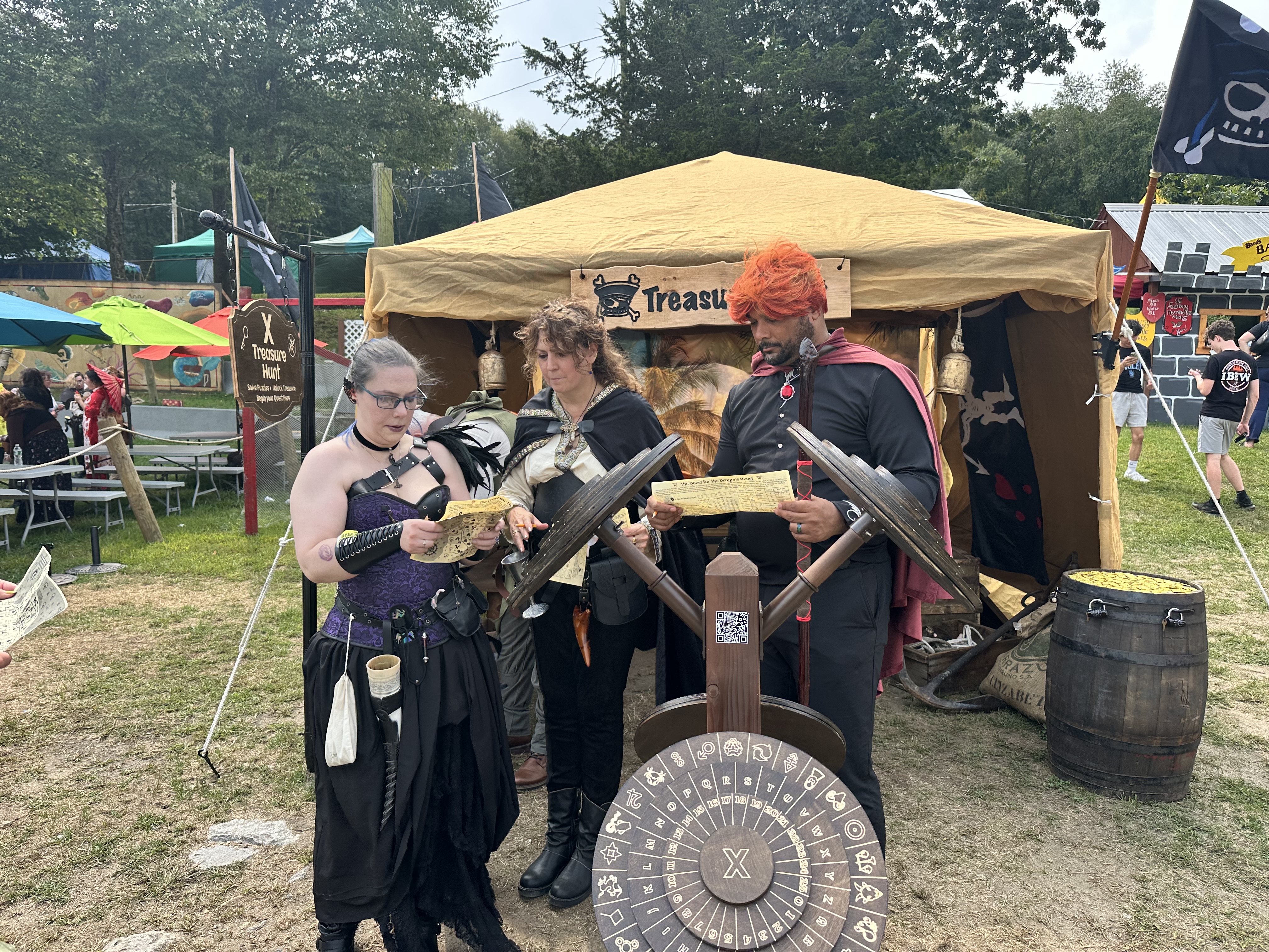 Three costumed adventurers studying quest papers near the cipher wheel
