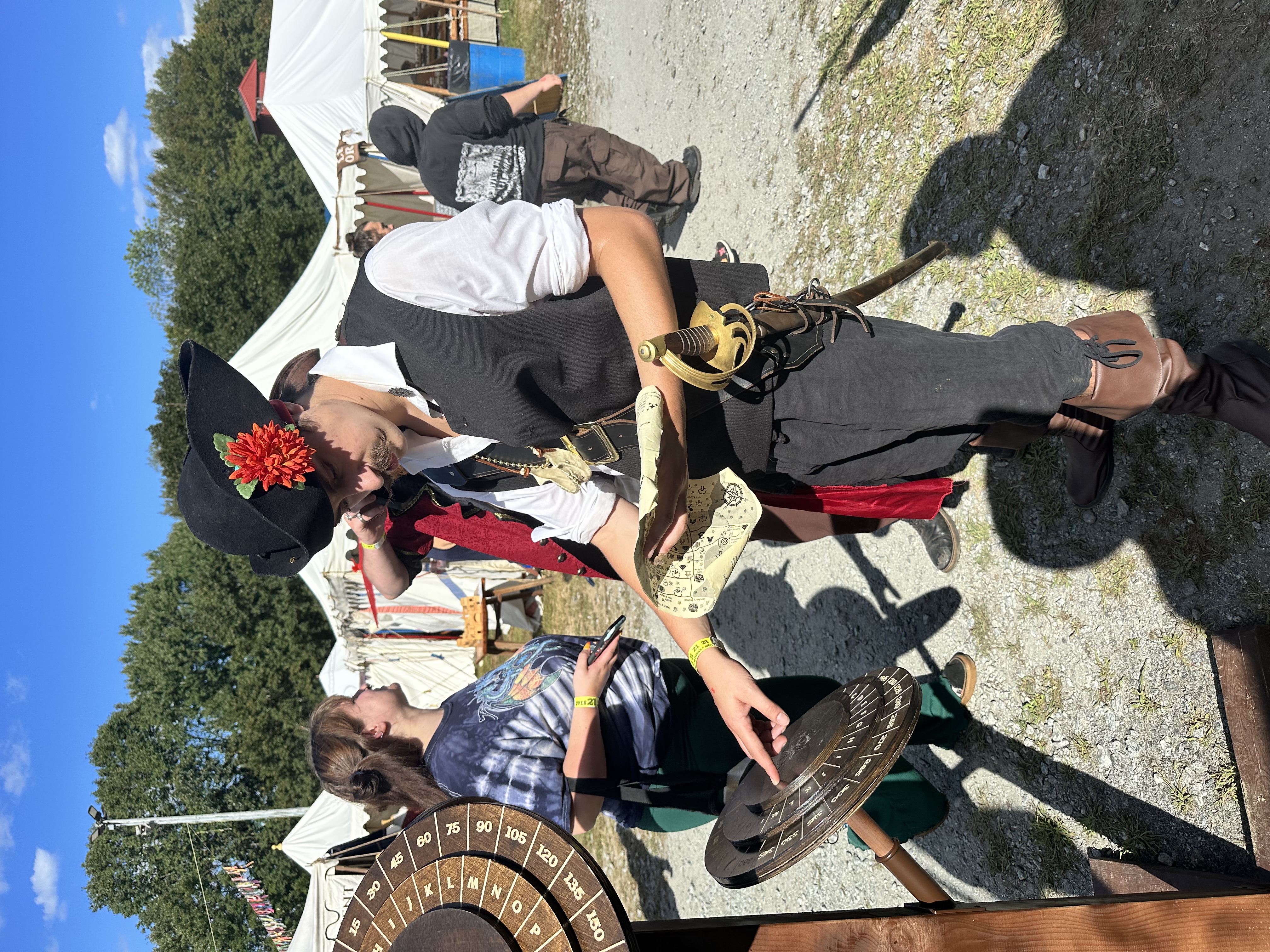 Adventurer in wide-brimmed hat studying a treasure map near the cipher wheels