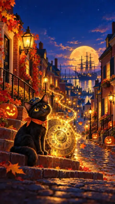 A painted lantern-lit street in Salem, Massachusetts at night: a black cat on the steps beside a glowing wheel, autumn leaves on the railings and a tall ship under a full moon in the harbour